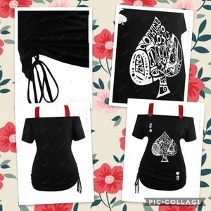 Plus size open shoulder playing card top
